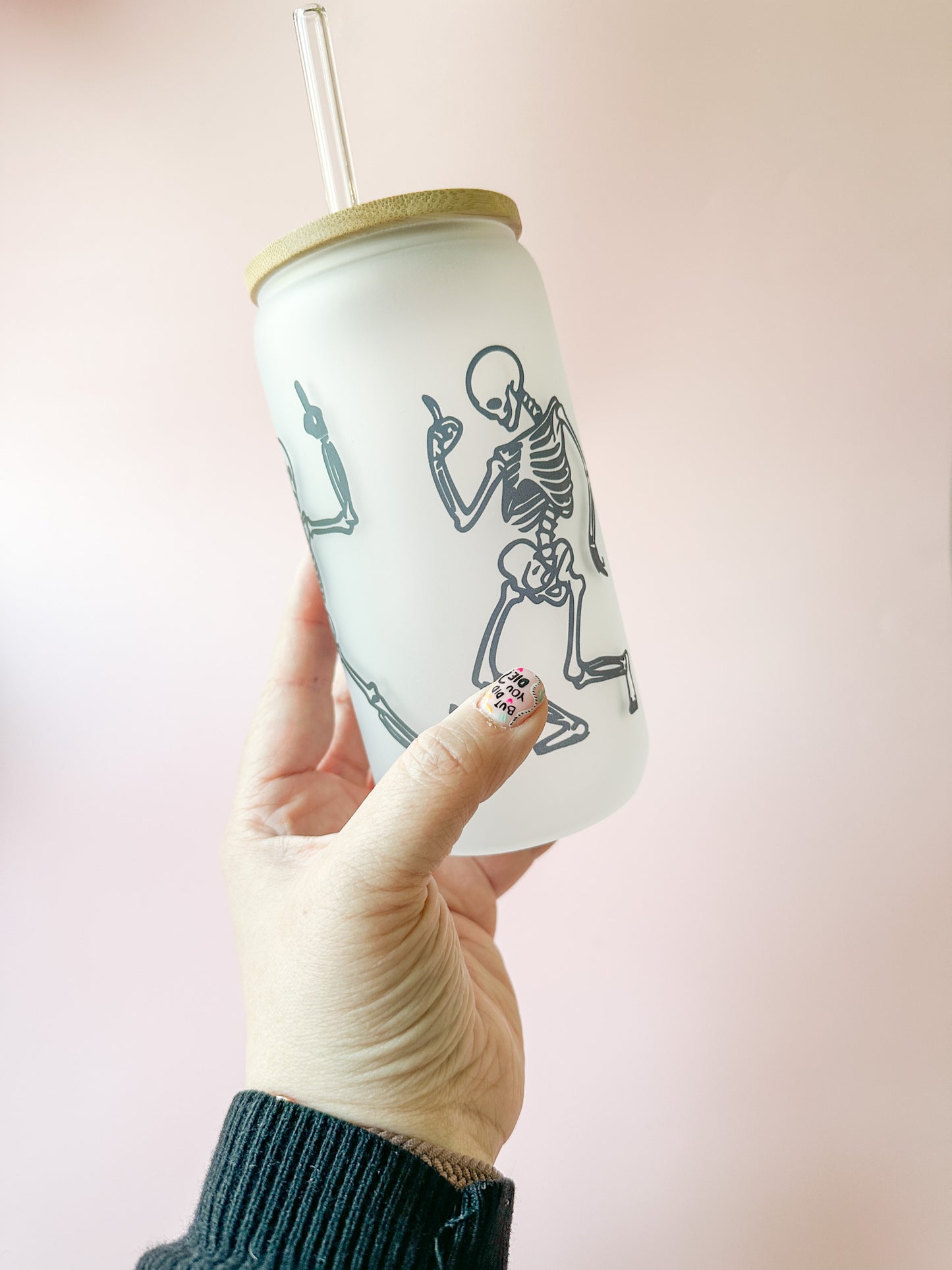 Dancing Skelly Glass Can